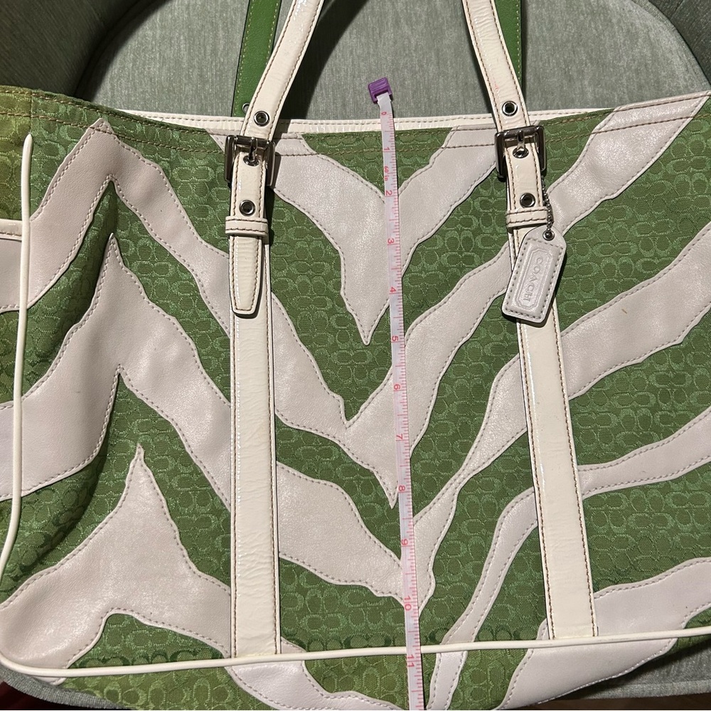 Coach Green & White Zebra Stripe Design Tote Bag Vintage Coach Bag Coach Handbag - Picture 7 of 10